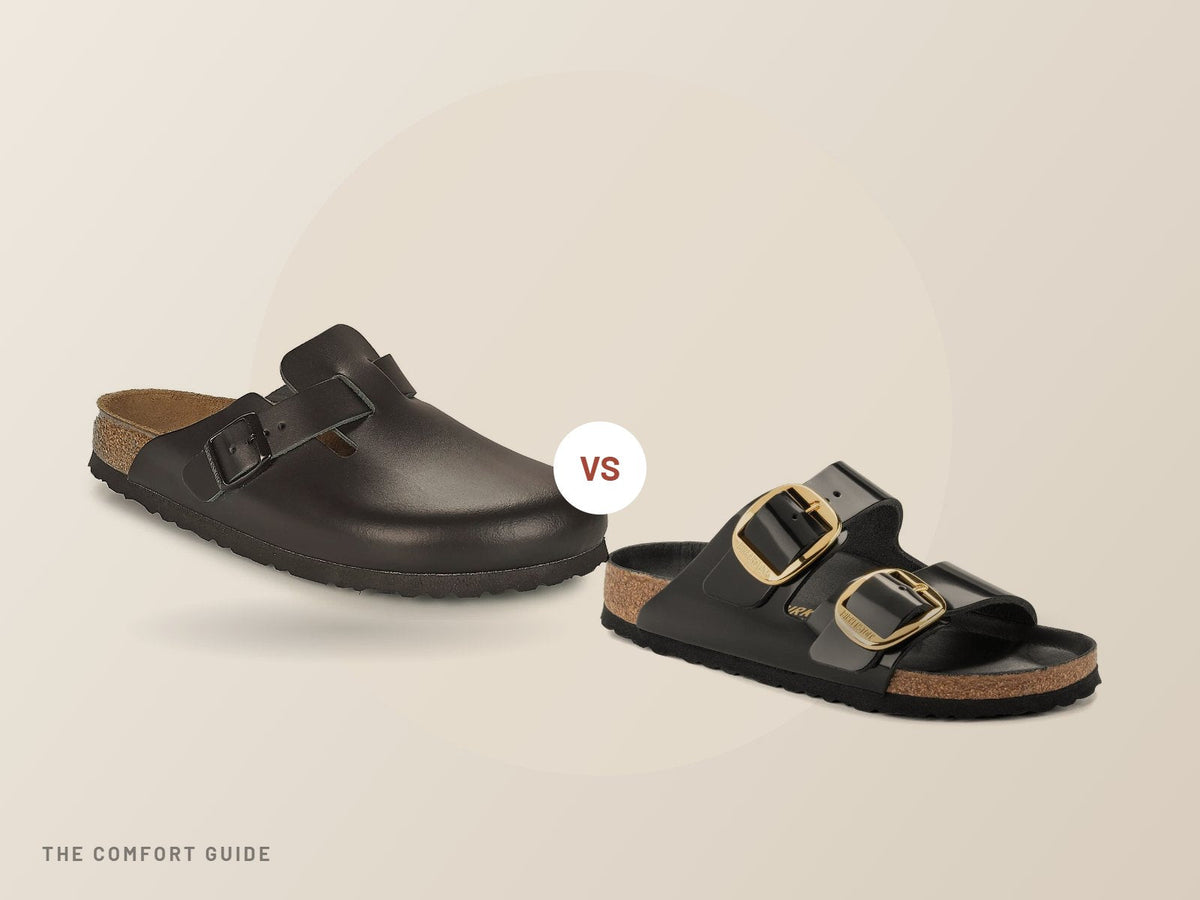 Birkenstock Boston clog next to a Birkenstock Arizona sandal