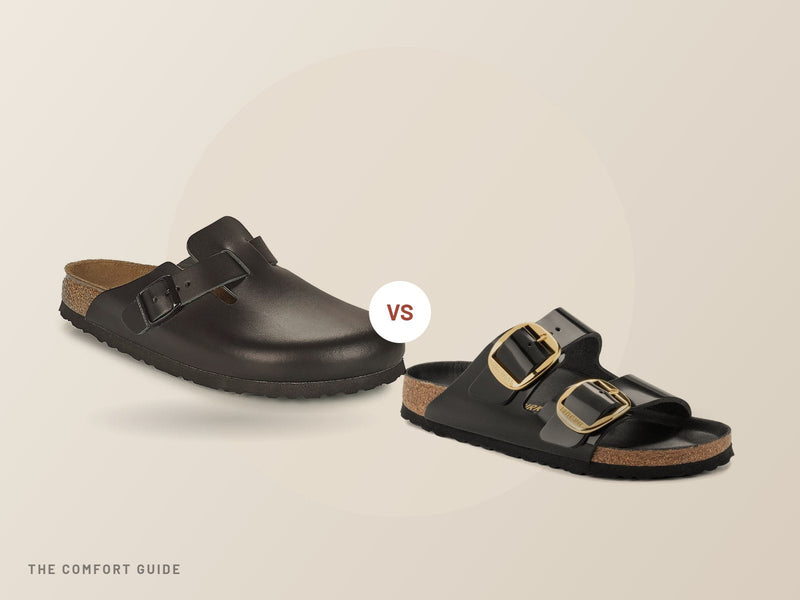 Birkenstock Boston clog next to a Birkenstock Arizona sandal