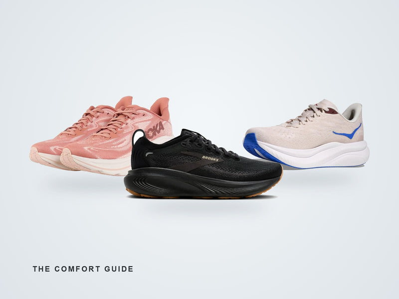 HOKA, Brooks and HOKA running shoes in cushion, stability and speed styles