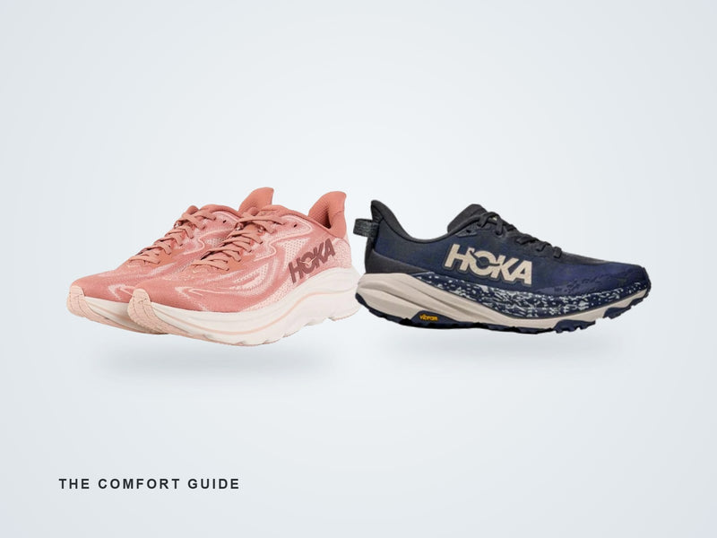 HOKA Clifton road shoe and HOKA Speedgoat trail shoe