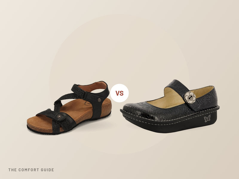 Taos Trulie sandal next to an Alegria Paloma sandal